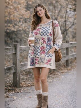 Vintage Avon Style Floral Knit Tunic Sweater 1X Cottagecore Sweater Dress